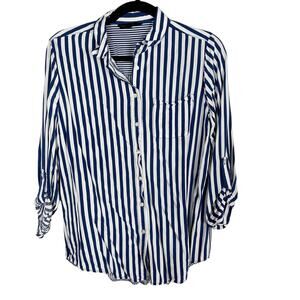 Jane and Delancey Womens Large Blue White Striped 3/4 Sleeve Blouse Button Back